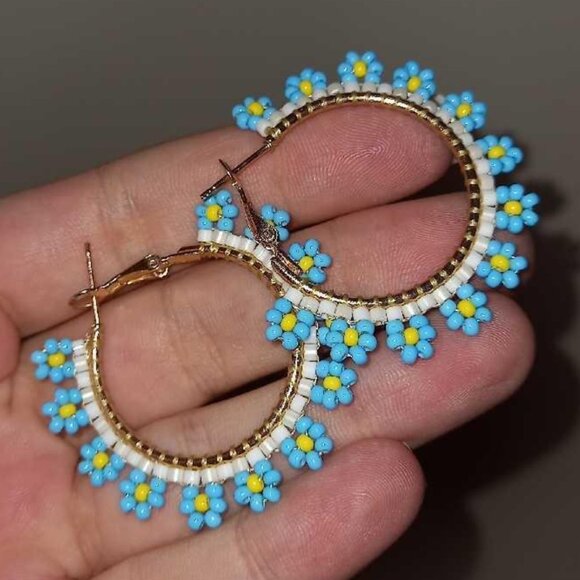 Pani Yana Jewelry - Handmade Beaded Daisy Hoop Earrings • Blue & Yellow Floral Boho Hoops